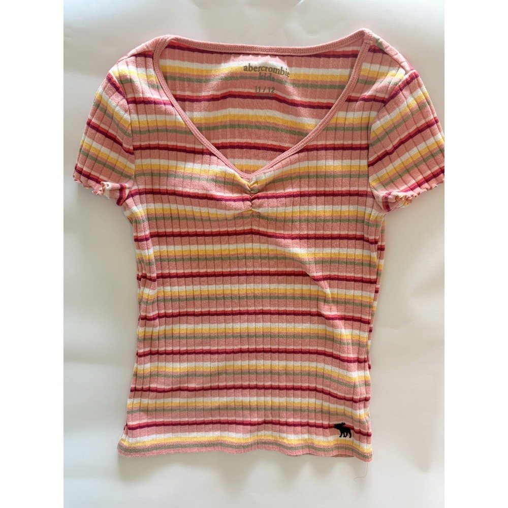 abercrombie kids Pink Multi-Color Striped Ruched Ribbed Top - Girls 11/12